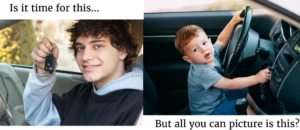 Image of boy driving a car and parent seeing them as a baby