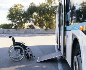 wheelchair parked next to bus